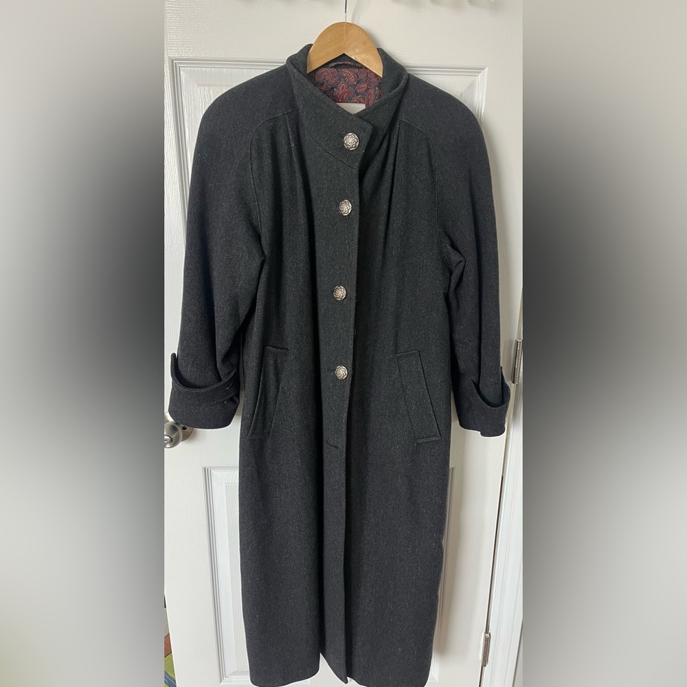 Vintage London Fog 100% Pure Virgin Wool Long Overcoat Charcoal |Paisley Size 12